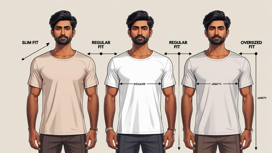 A detailed illustration of three Indian men looking like model standing side-by-side, each wearing a different style of T-shirt_ one slim fit, one regular fit, and one oversized fit. To enhance clarity, include a model diagram next to each man showin