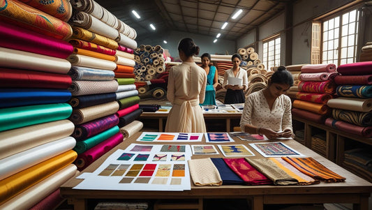 _Behind-the-scenes shot_ fabric rolls, fit testers trying samples, print swatches and tech sketches on a desk. in indian warehouse