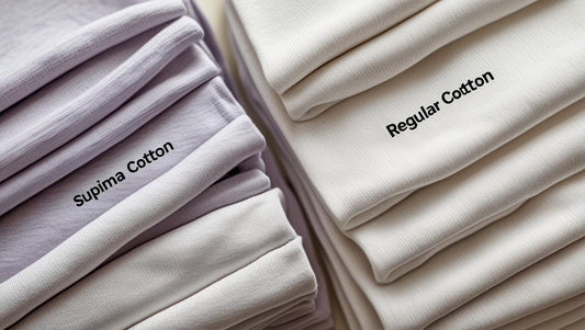 Compare two folded T-shirts: one labeled 'Supima Cotton' and the other 'Regular Cotton', placed side by side with fabric texture zoomed in