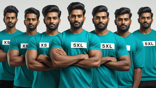 _Diverse group of indian models of different body sizes wearing the same T-shirt confidently with 'XS–5XL' size tags shown on screen
