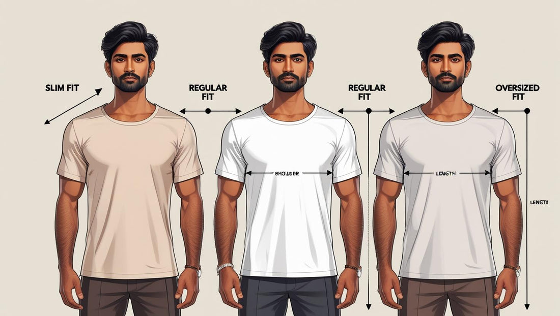 A detailed illustration of three Indian men looking like model standing side-by-side, each wearing a different style of T-shirt_ one slim fit, one regular fit, and one oversized fit. To enhance clarity, include a model diagram next to each man showin