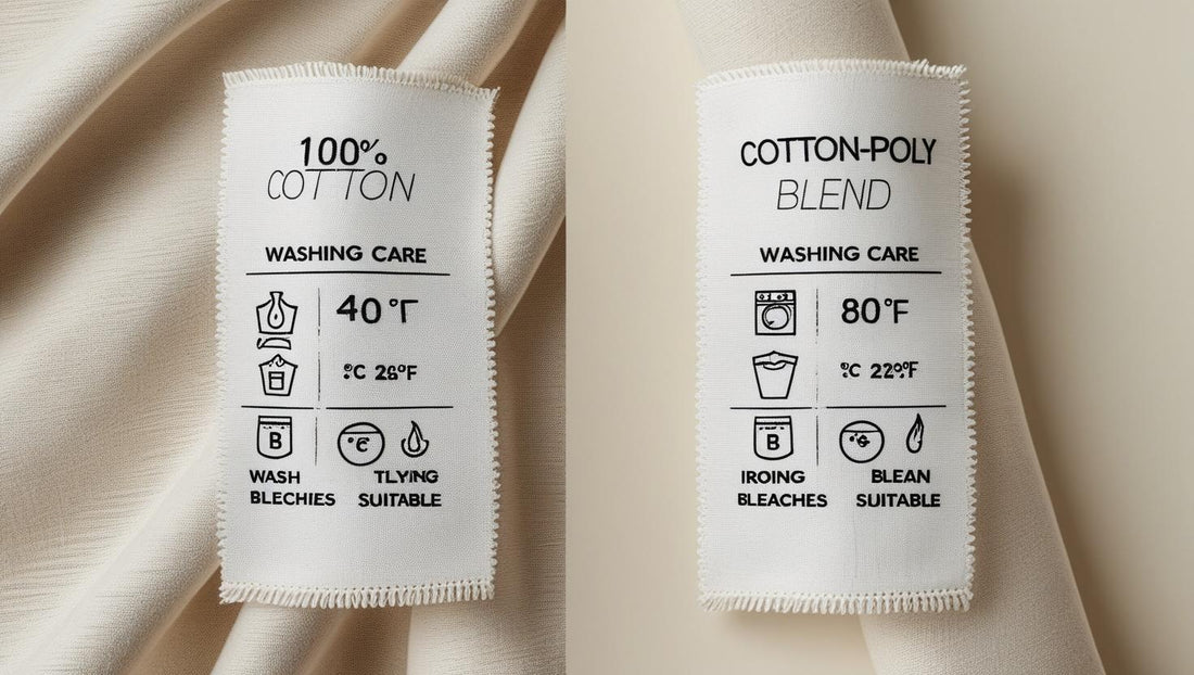 _Side-by-side fabric swatches with labels_ '100% Cotton' and 'Cotton-Poly Blend' showing texture and washing care icons