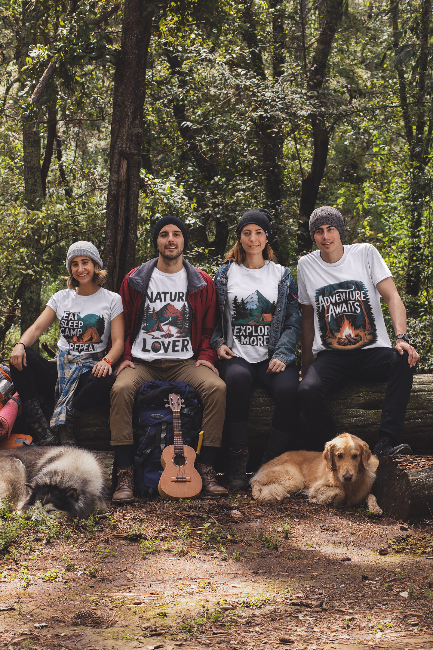 Group of friends wearing hiking and camping-themed T-shirts, standing together outdoors with backpacks, ready for an adventure in nature.